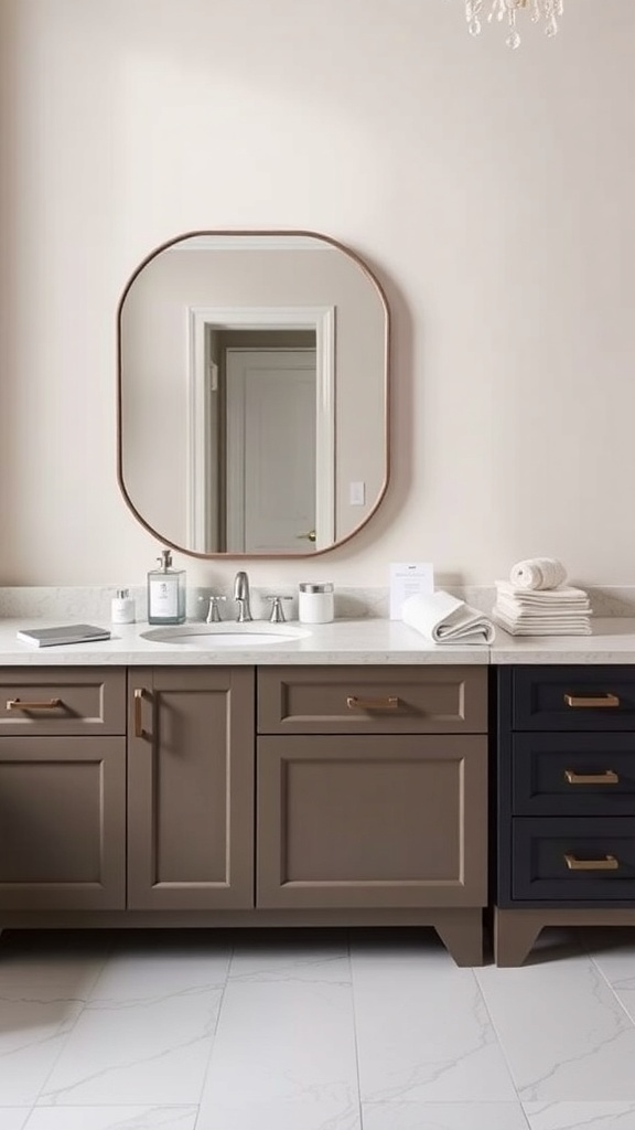 A stylish bathroom vanity with taupe and navy cabinetry, a marble countertop, and gold hardware.