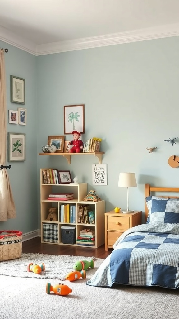 A cozy boys room with light blue walls and playful decor.