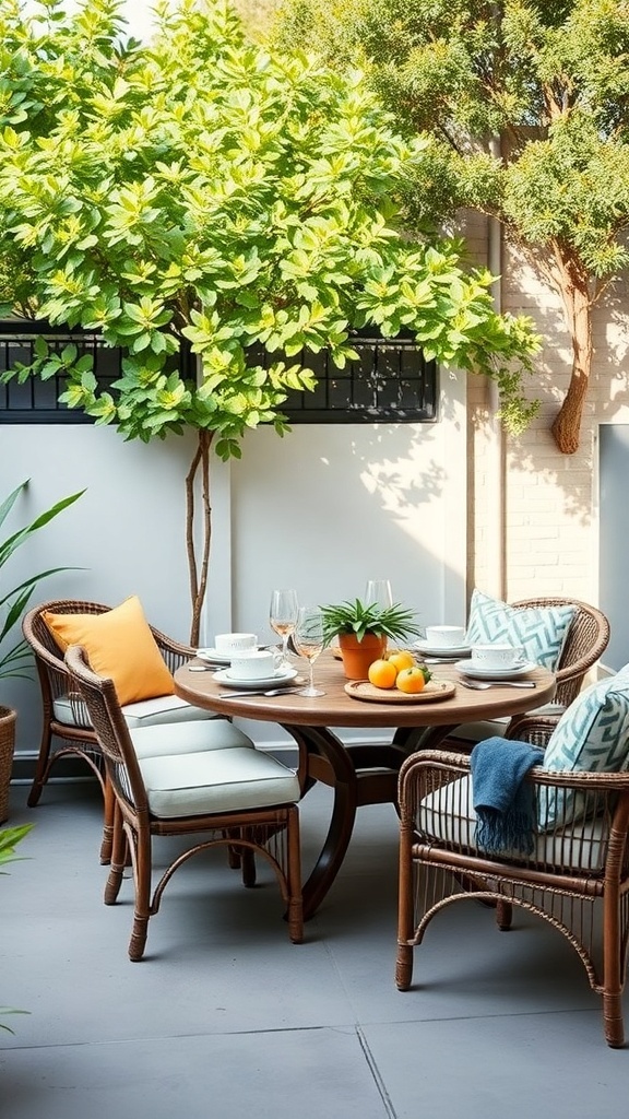 A beautiful outdoor table set with comfortable wicker chairs, soft cushions, and a vibrant centerpiece, surrounded by greenery.