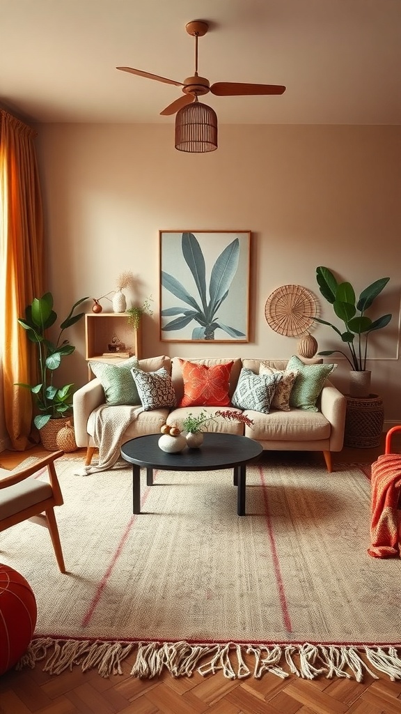 A cozy boho living room featuring earthy color palettes with a beige sofa, colorful cushions, plants, and a woven rug.