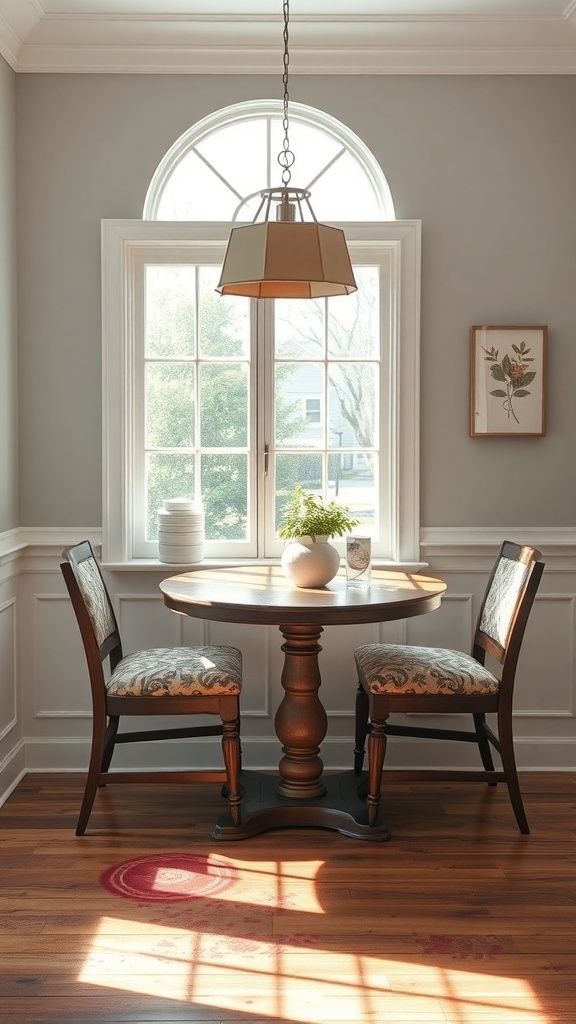 A cozy breakfast nook featuring a round table and two patterned chairs, illuminated by natural light from a large window.