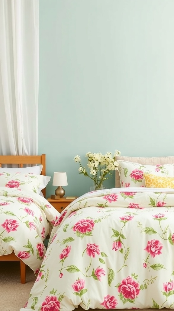 A bright and airy bedroom with floral summer bedding and a light blue wall.