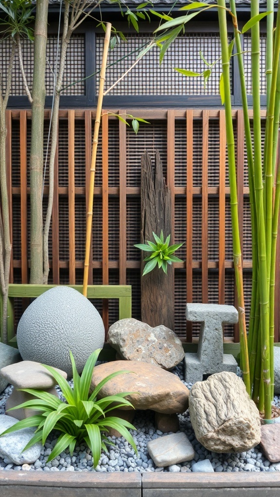 A serene Japanese garden featuring natural stones, bamboo, and wooden elements.