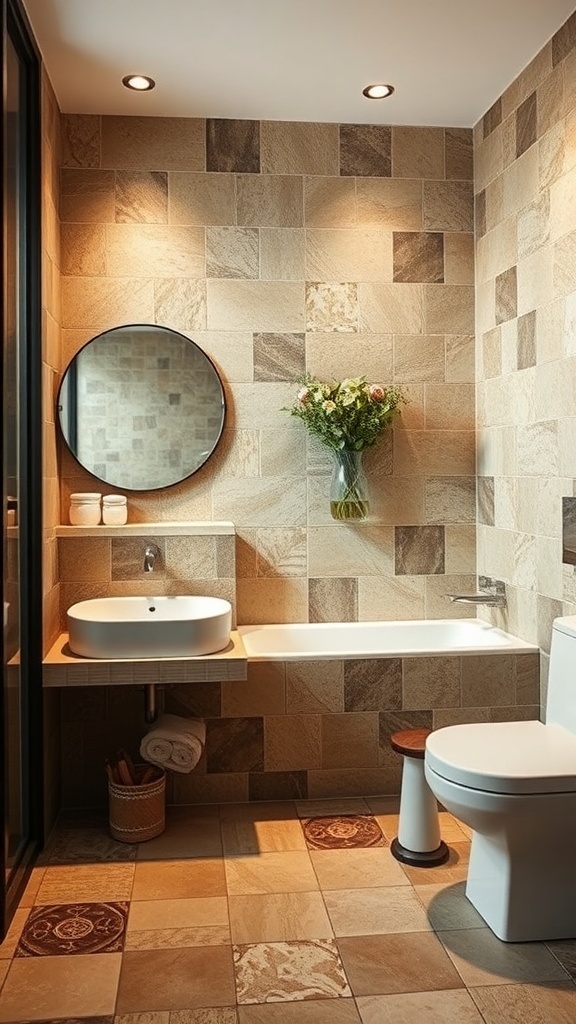 A stylish eco-bathroom featuring recycled tiles, a modern sink, and a bouquet of flowers.