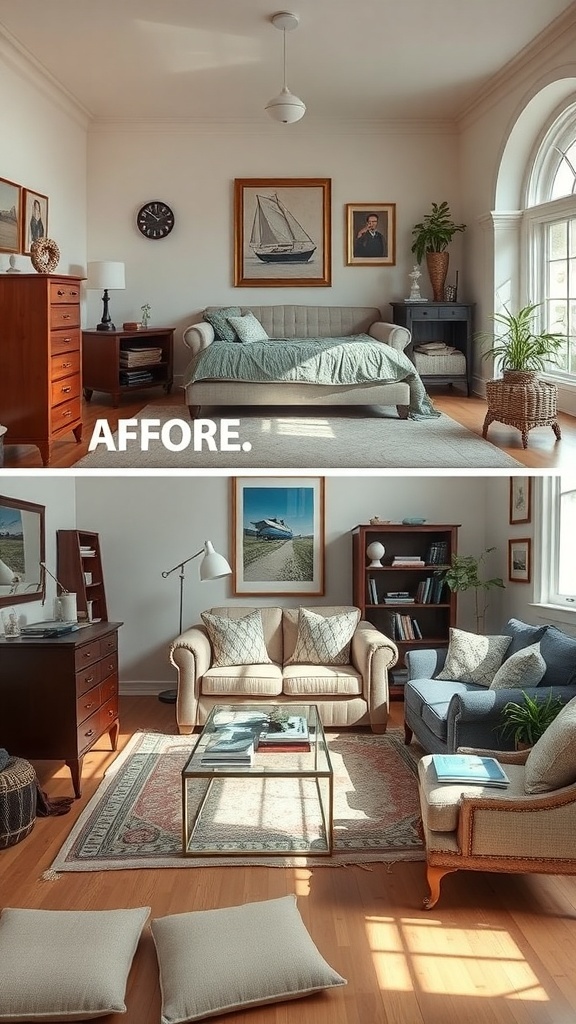 A before-and-after image showing a room transformation from cluttered to well-arranged with scaled furniture.