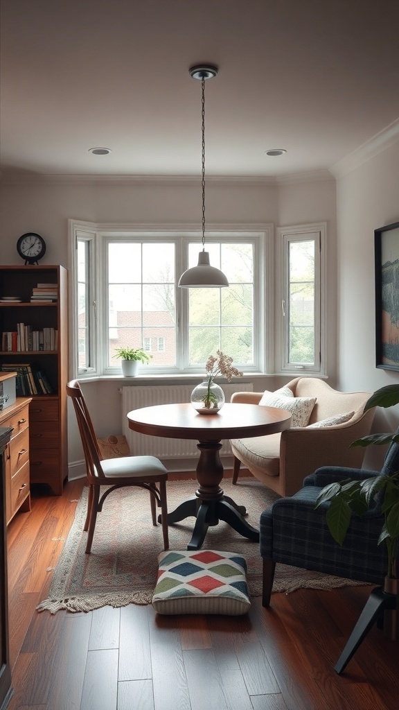 A cozy breakfast nook with a round table, a comfortable sofa, and a chair, all fitting well in the space.