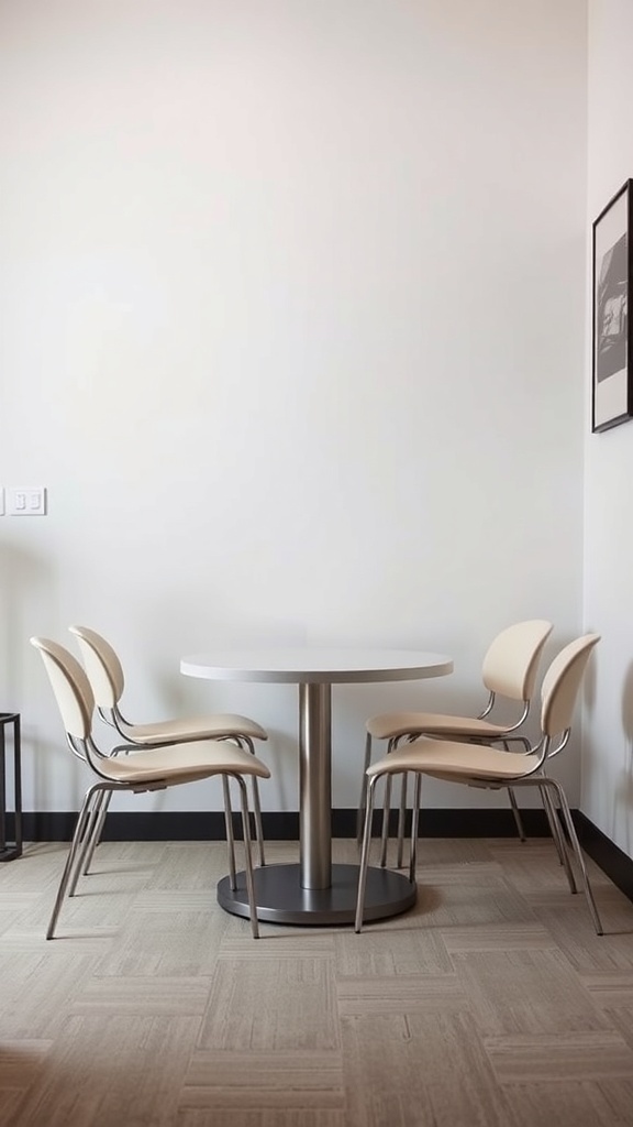 A small dining room featuring a round table and four stackable chairs against a plain wall.
