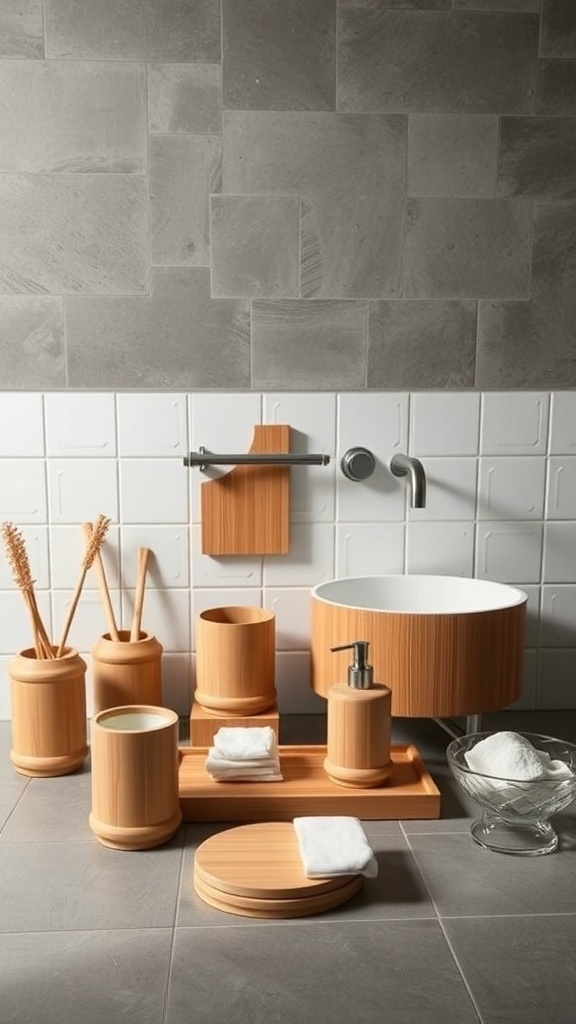 A stylish eco-friendly bathroom setup featuring wooden accessories against gray tiles.