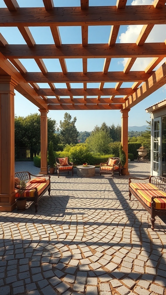 A stunning pergola patio featuring a wooden structure and a stone-paved floor, creating a cozy outdoor living space.