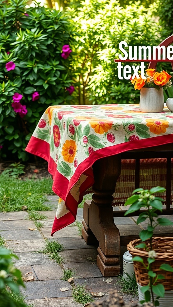 A colorful floral tablecloth on an outdoor table surrounded by greenery and flowers.