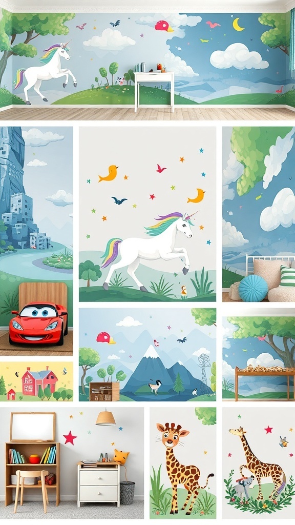 A colorful mural featuring unicorns, mountains, and animals, showcasing various themes for kids' rooms.