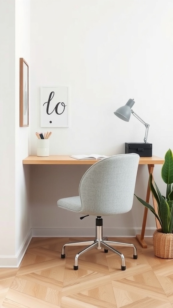 A modern home office nook featuring a light gray chair, wooden desk, and geometric shelves.
