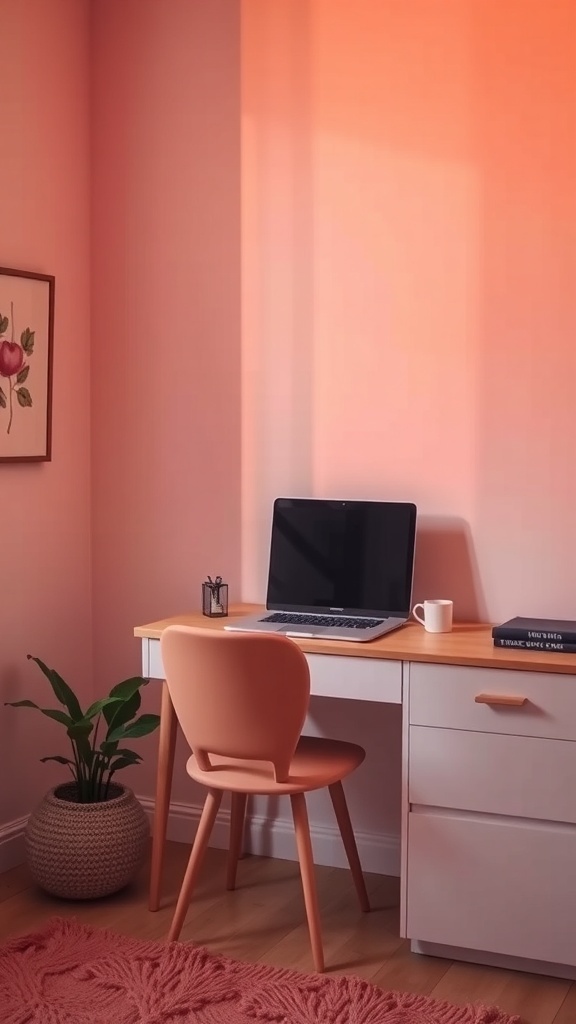 A cozy office space with soft pink walls, a wooden desk, and a laptop, featuring a plant and warm lighting.