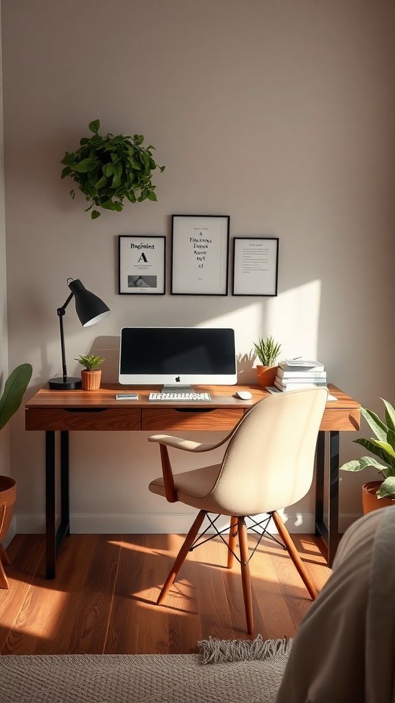 A cozy bedroom workspace featuring a wooden desk, comfortable chair, lamp, and plants.