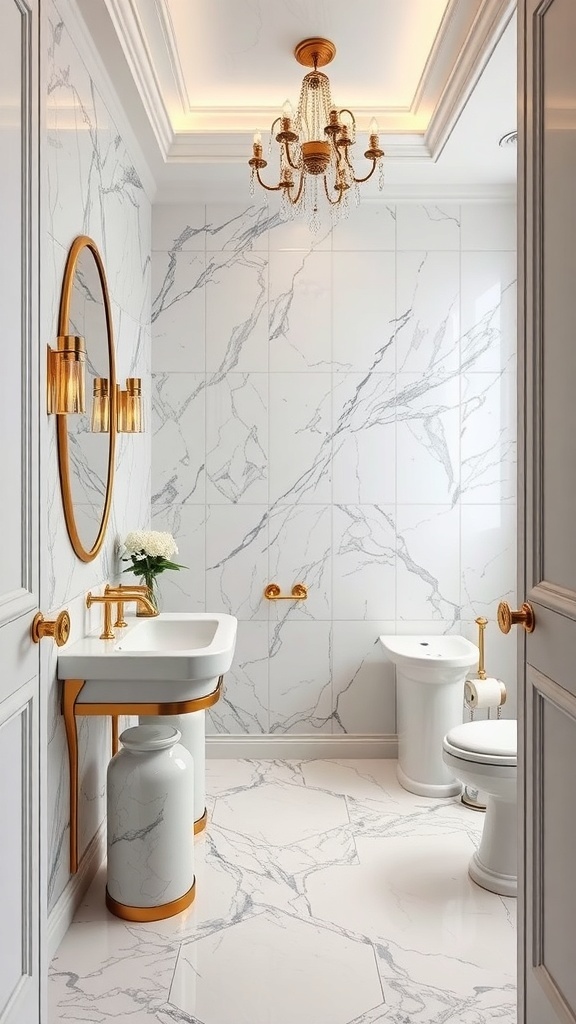 Luxurious powder room with marble flooring and elegant fixtures