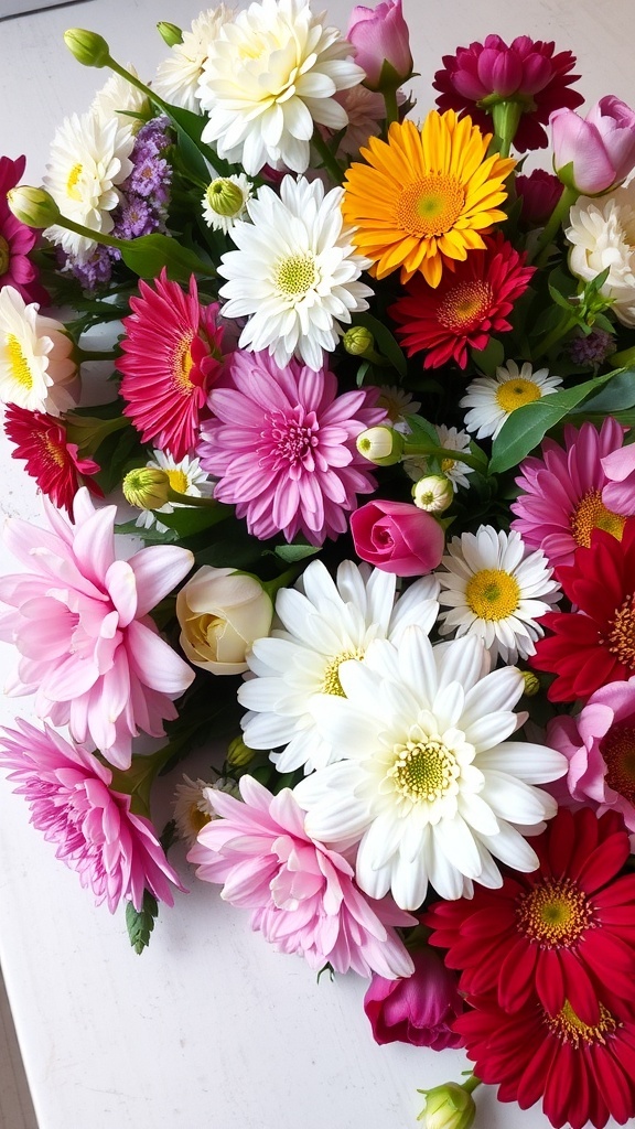 A colorful bouquet featuring a variety of flowers including daisies, tulips, and gerberas.