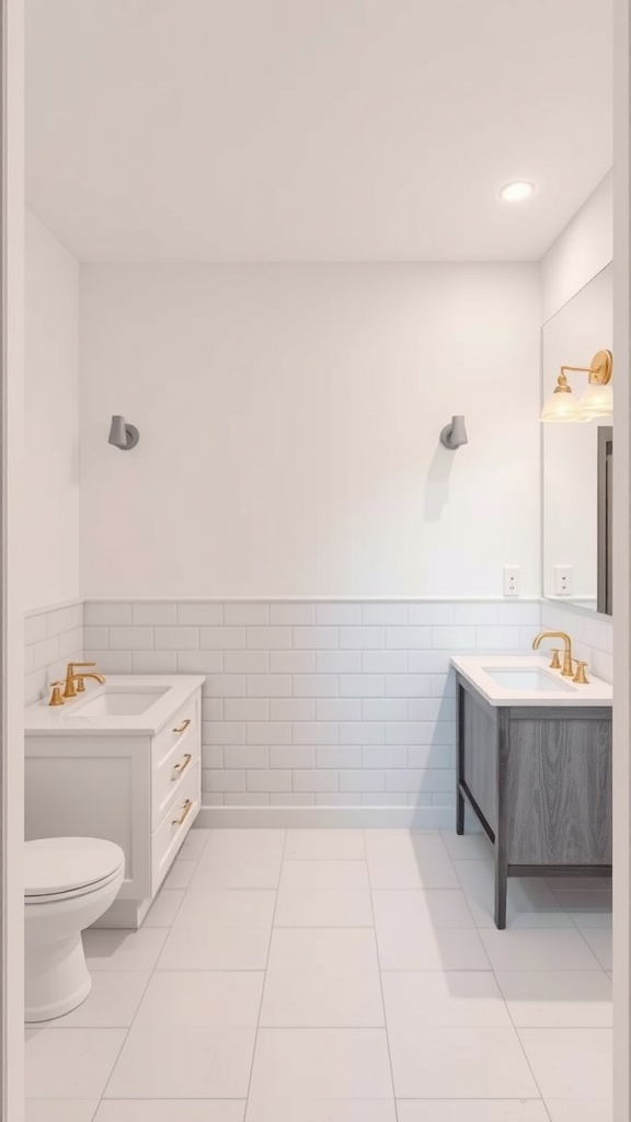 A modern bathroom with two sink areas, showcasing a stylish and functional layout.