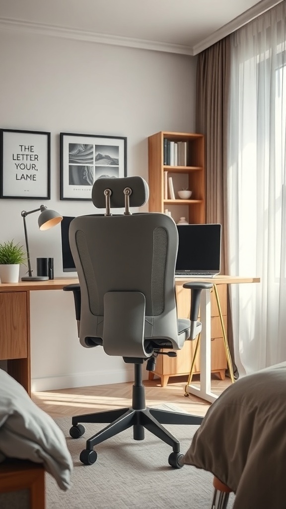 A modern office chair in a cozy workspace with a desk and natural light.