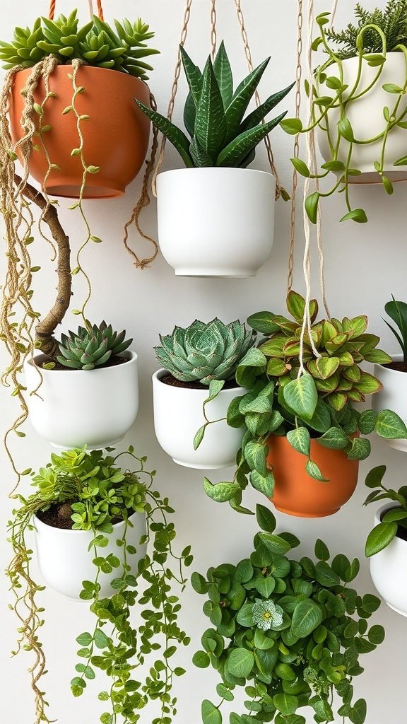 A collection of ceramic hanging planters featuring various plants, including succulents and trailing vines, arranged on a wall.