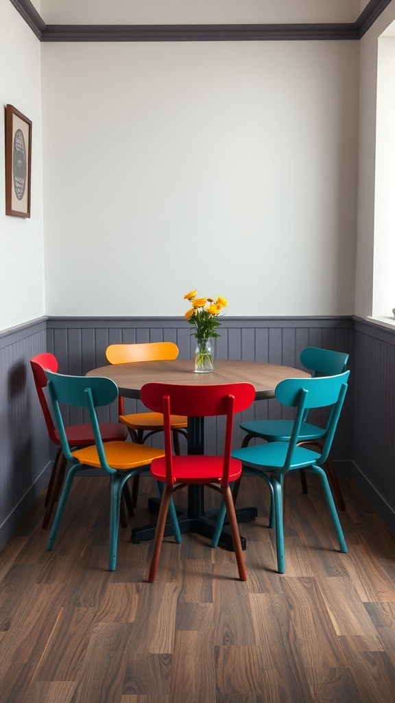 A small dining area featuring a round wooden table surrounded by colorful chairs.