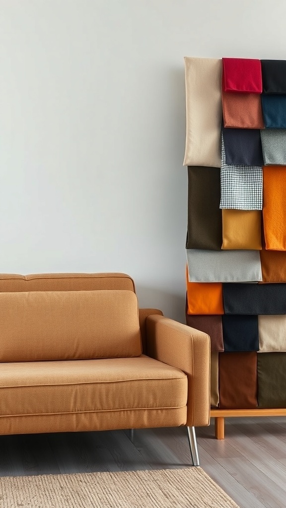 A cozy sofa with a display of fabric swatches in various colors and textures.
