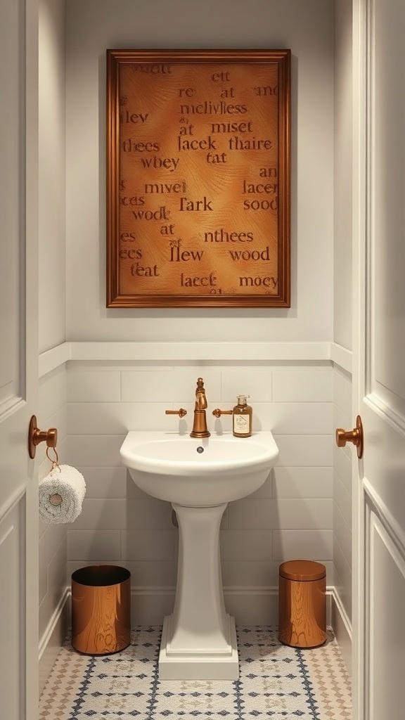 A moody powder room featuring a pedestal sink and a warm-toned wall art piece.