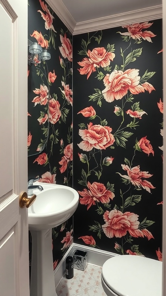 A moody powder room with floral wallpaper featuring large pink and white flowers on a dark background.