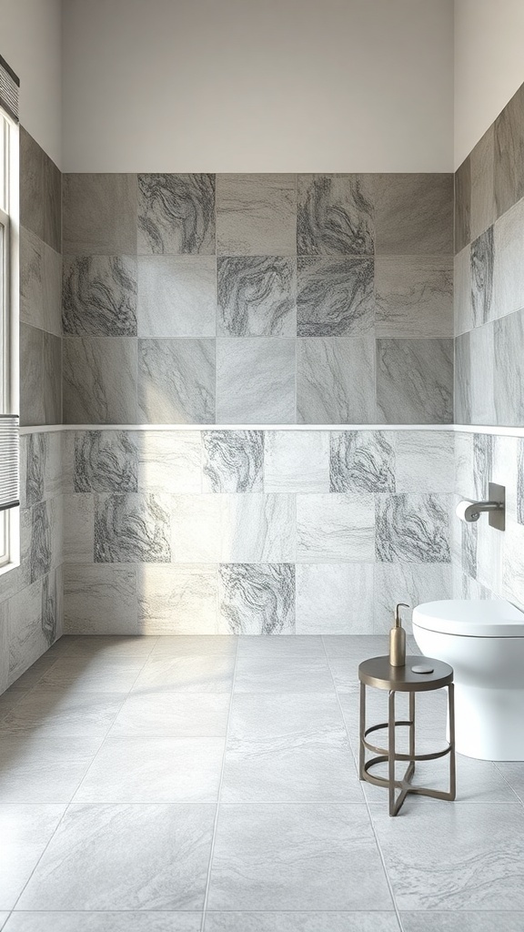 Modern bathroom with gray tiles and a clean design.