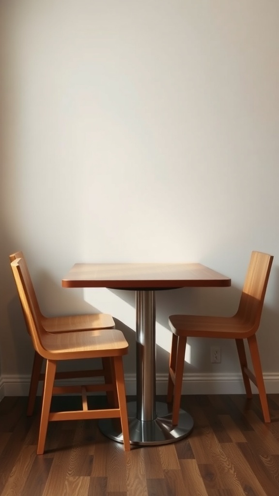 A wooden table with two matching chairs, emphasizing the importance of seat height in a breakfast nook.