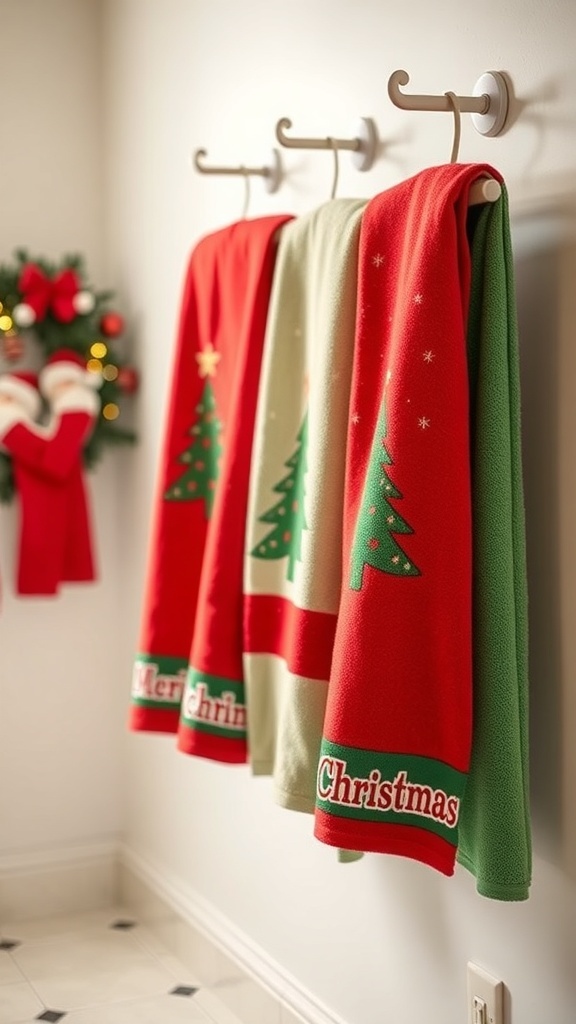 Christmas-themed towels hanging in a bathroom, featuring red and green colors with festive designs.