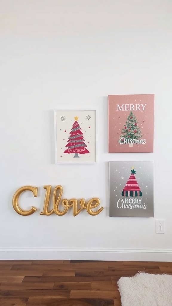 Christmas-themed wall art featuring colorful prints of trees and the phrase 'Merry Christmas' with golden letters spelling 'C love'.