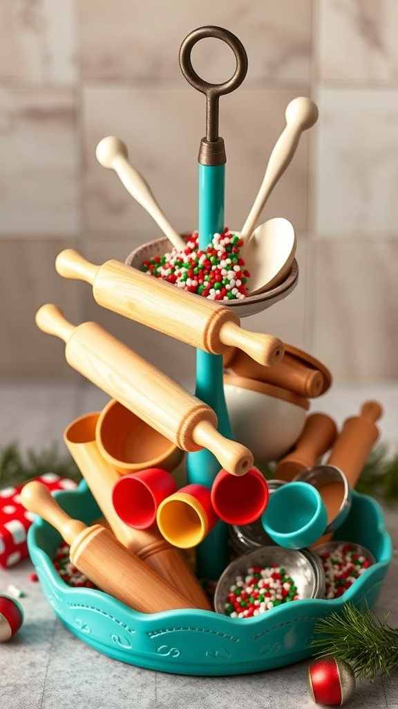 A tiered tray decorated with rolling pins, measuring cups, cookie cutters, and colorful sprinkles for a Christmas baking theme.