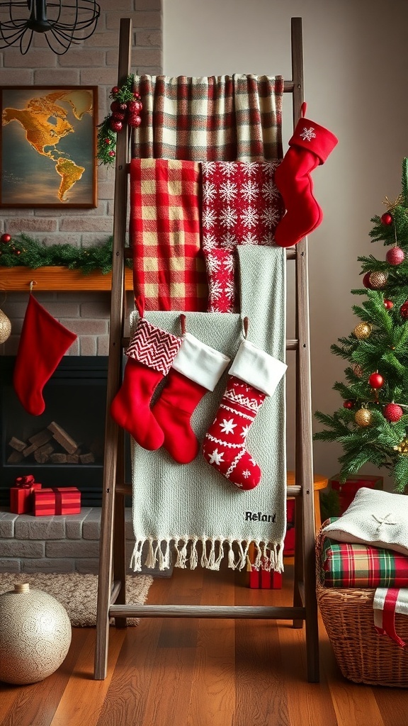 A cozy Christmas blanket ladder displaying festive throws and stockings in a living room setting.
