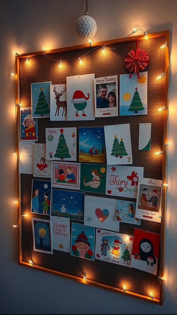 A cozy display of Christmas cards on a board, decorated with string lights, showcasing colorful holiday designs.
