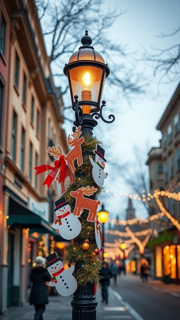 A lamp post decorated with snowman and reindeer cutouts, surrounded by garland and lights.