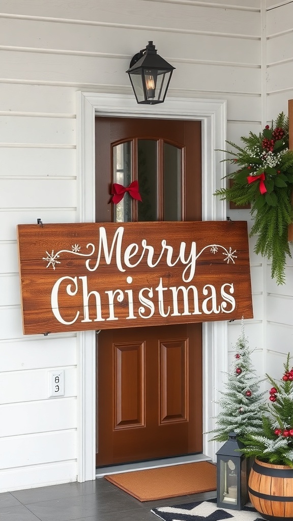 A wooden sign that says 'Merry Christmas' hanging at a front door, surrounded by festive decorations.