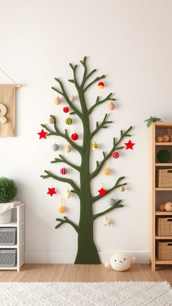 A felt wall tree decorated with colorful ornaments, perfect for kids.