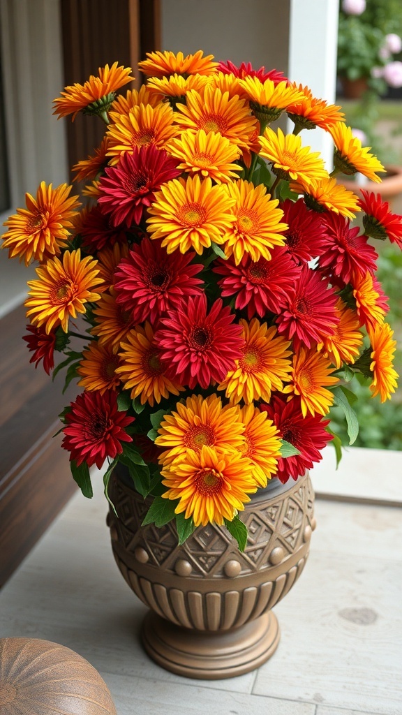 A vibrant display of red and yellow chrysanthemums in a decorative pot.