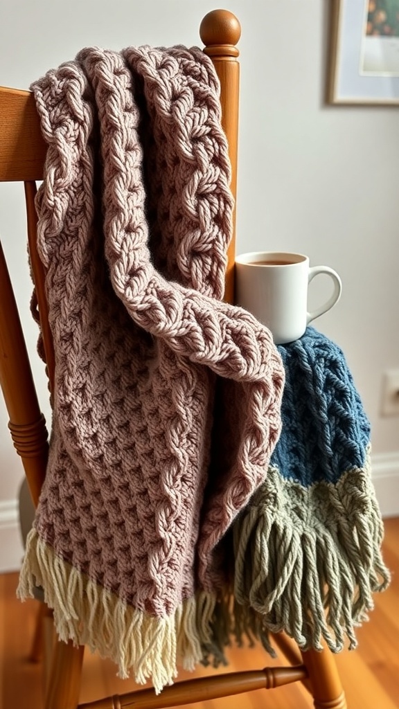 A chunky crochet scarf and snood displayed on a wooden chair, with a cup of coffee nearby.