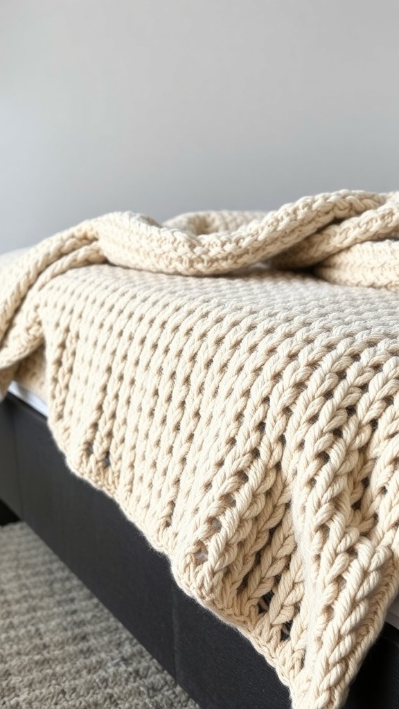 A chunky knit blanket in cream color draped over a bed, adding warmth and texture.