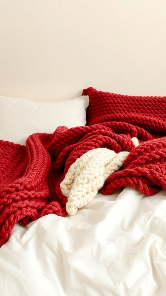 A cozy bed with a chunky red knit blanket and a cream-colored knit throw, creating a warm and inviting atmosphere.