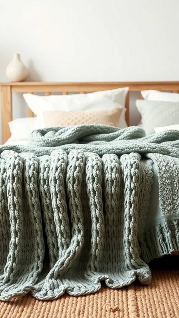 A cozy chunky knit sage blanket draped over a bed with cream bedding.