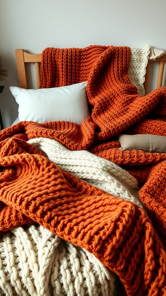 A cozy arrangement of chunky knit throws in orange and cream colors on a bed, creating a warm and inviting atmosphere.