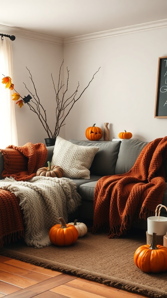 Cozy living room decorated for Halloween with chunky throws, textured rugs, and pumpkins.