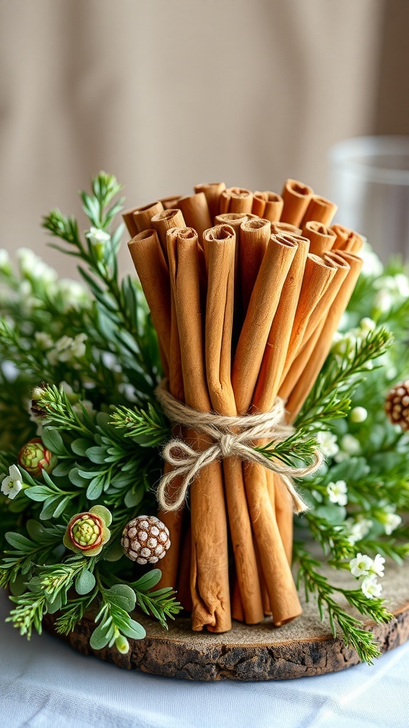 A bundle of cinnamon sticks tied with twine, surrounded by greenery and decorative elements.