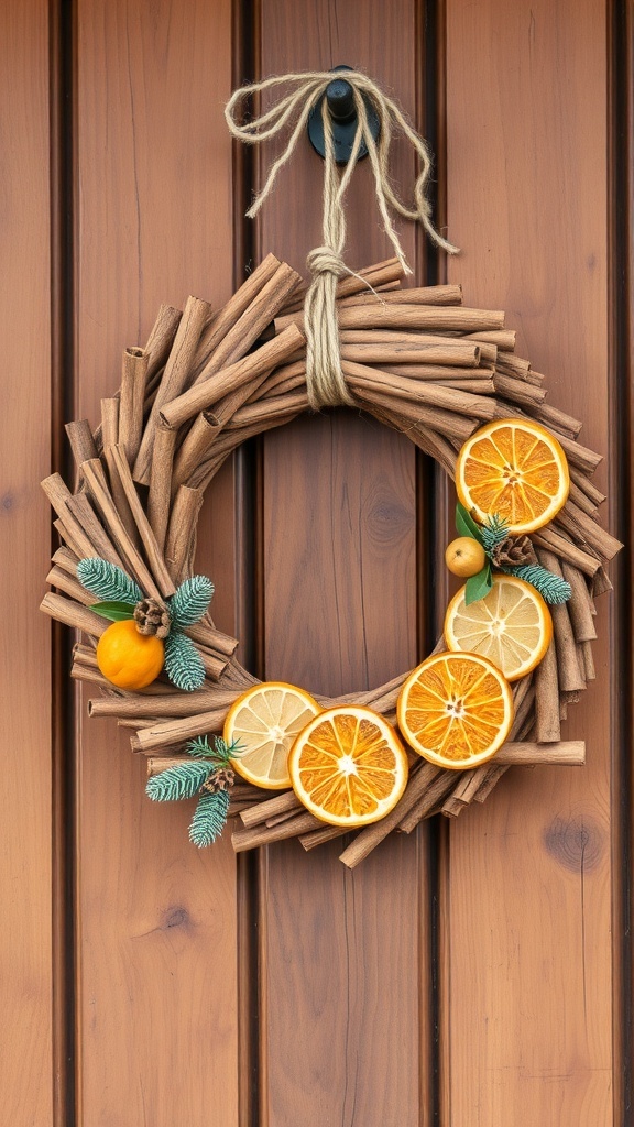 A cinnamon stick wreath decorated with dried orange slices and pine sprigs, hanging on a wooden door.