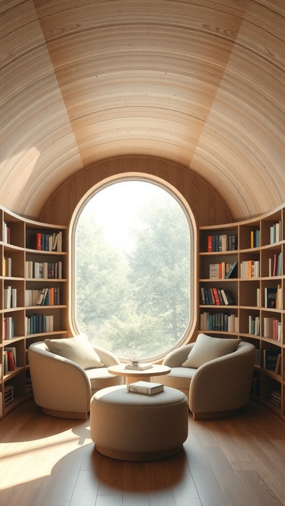 A cozy circular reading nook with wooden arch, custom shelving filled with books, warm lighting, and comfortable seating.