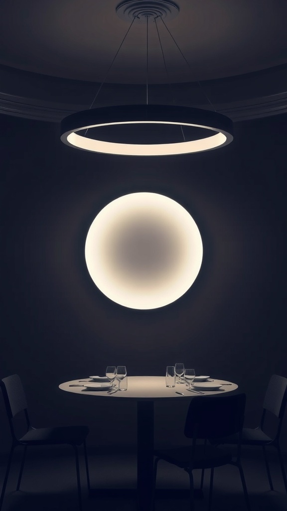A circular light box hanging above a dining table, providing soft illumination.