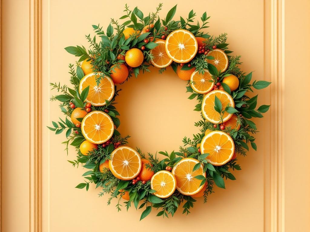 A vibrant wreath made of oranges and green herbs on a peach background.
