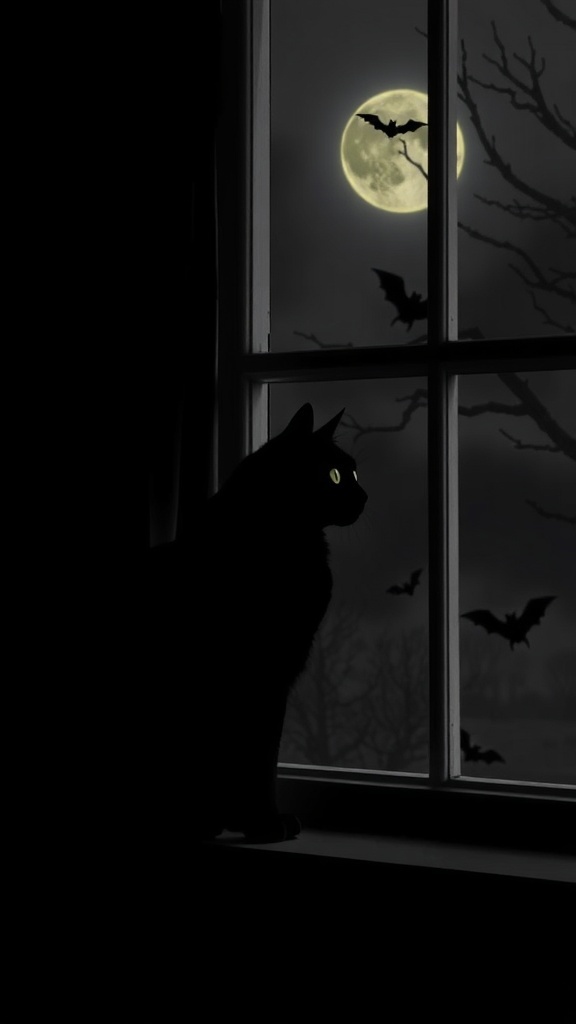 A black cat silhouette sitting on a window sill with a full moon and bats in the background.